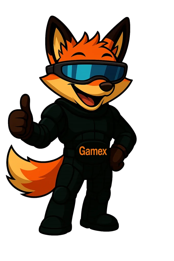 Mascota de Gamex ( zorro con gafas de sol y pulgar arriba)